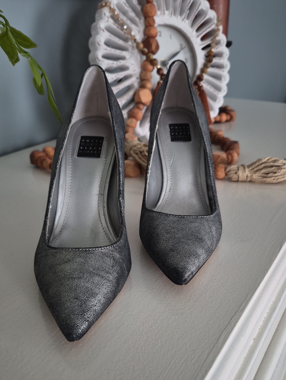 White House Black Market Metallic Gray Pointed-Toe Pumps